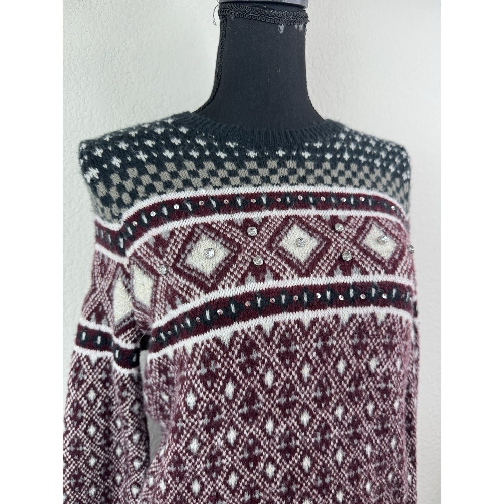 Abercrombie & Fitch Fair Isle Sweater Women's S Maroon Winter Nordic Embellished - Picture 2 of 7